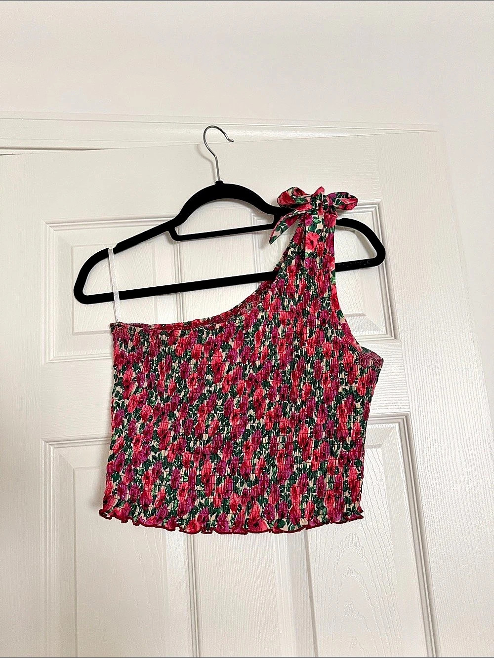 SHEIN One-Shoulder Smocked Floral Crop Top Pink & Green